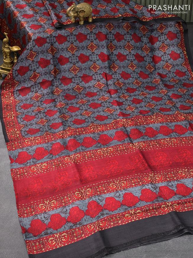 Murshidabad silk saree grey and maroon with allover prints and printed border - {{ collection.title }} by Prashanti Sarees