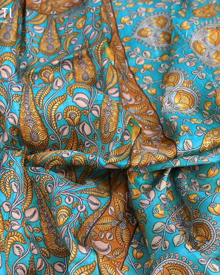 Murshidabad silk saree light blue and dark mustard with allover kalamkari prints and printed border - {{ collection.title }} by Prashanti Sarees