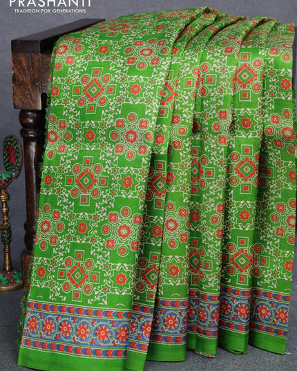 Murshidabad silk saree light green with allover ajrakh prints and printed border - {{ collection.title }} by Prashanti Sarees