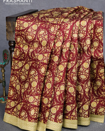 Murshidabad silk saree maroon and elaichi green with allover floral prints and simple border - {{ collection.title }} by Prashanti Sarees