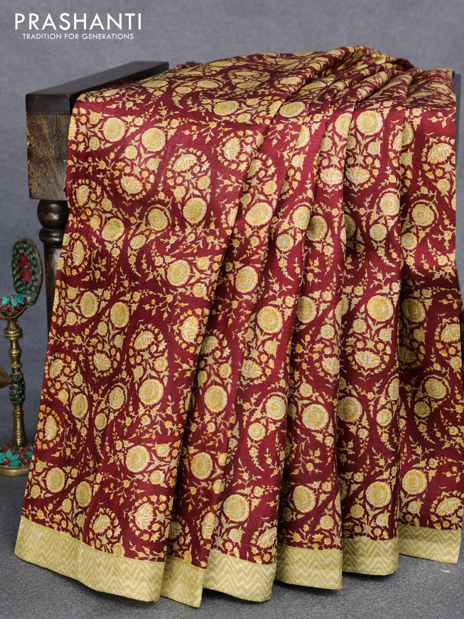 Murshidabad silk saree maroon and elaichi green with allover floral prints and simple border - {{ collection.title }} by Prashanti Sarees