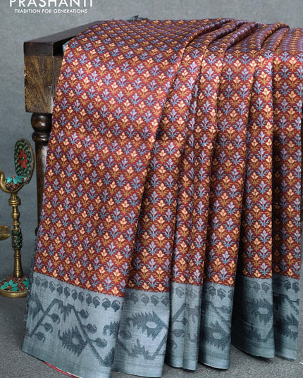 Murshidabad silk saree maroon and grey with allover prints and printed border - {{ collection.title }} by Prashanti Sarees