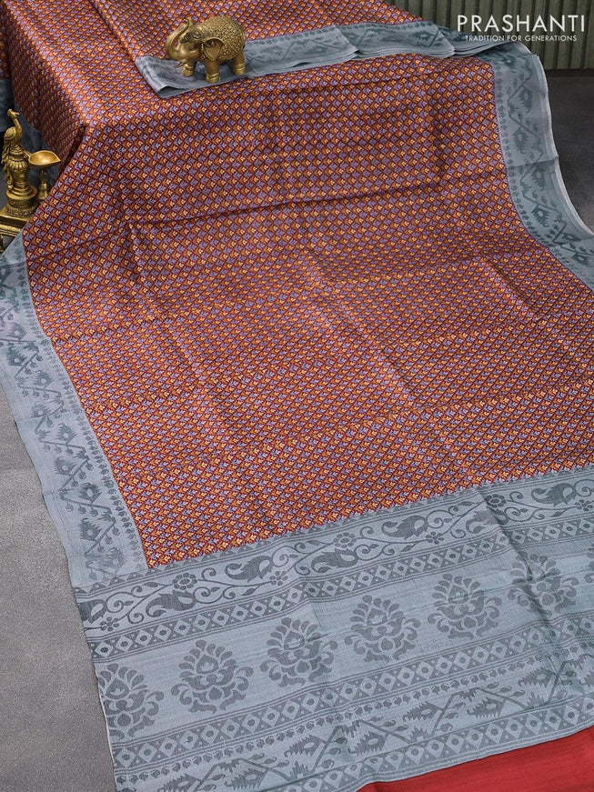 Murshidabad silk saree maroon and grey with allover prints and printed border - {{ collection.title }} by Prashanti Sarees