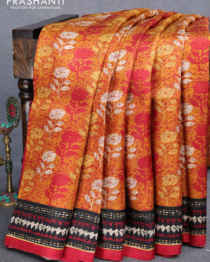 Murshidabad silk saree mustard yellow and black with allover floral prints and printed border - {{ collection.title }} by Prashanti Sarees