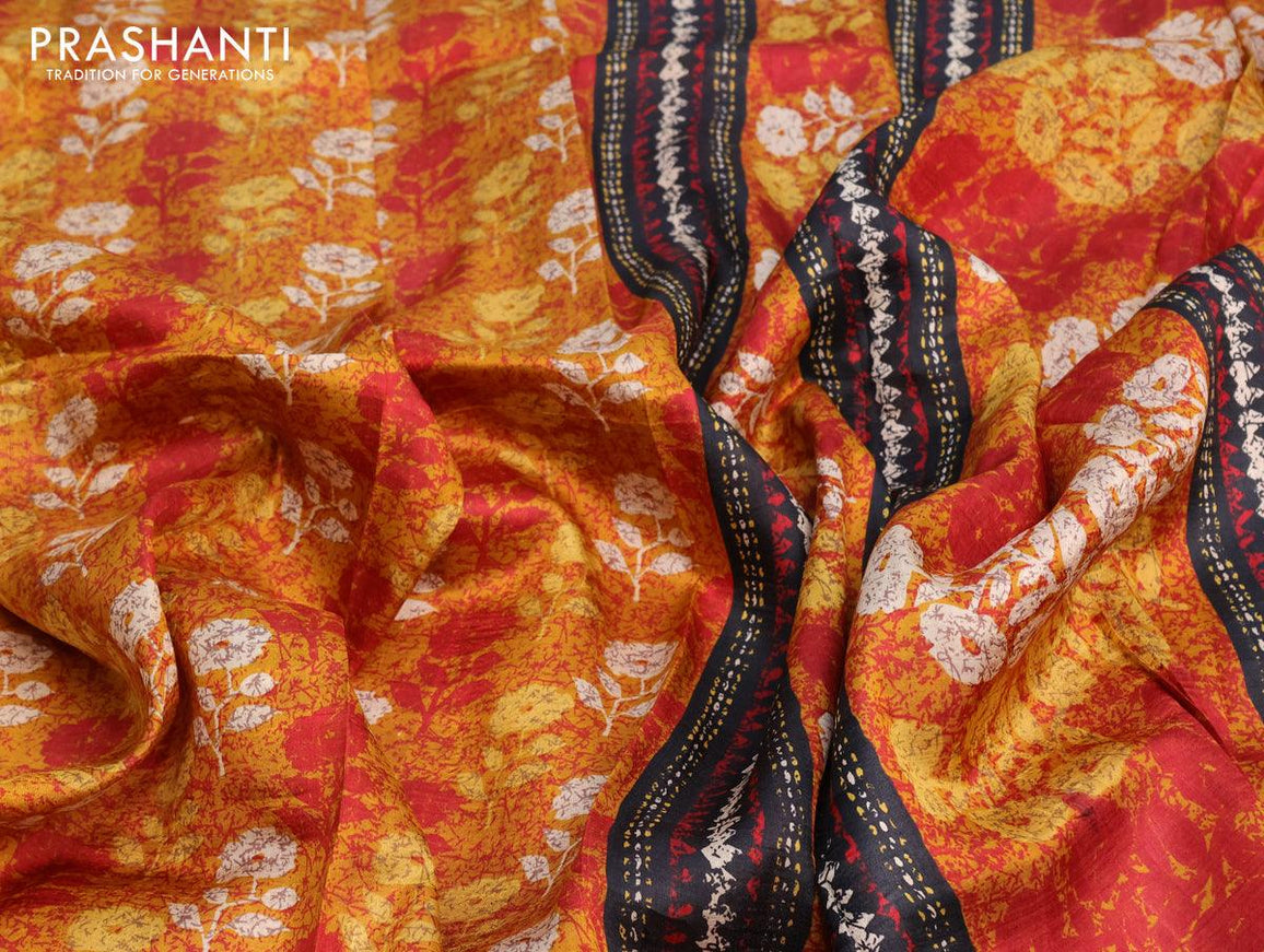 Murshidabad silk saree mustard yellow and black with allover floral prints and printed border - {{ collection.title }} by Prashanti Sarees