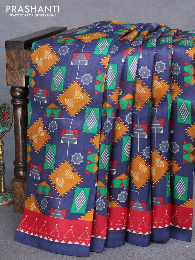 Murshidabad silk saree navy blue and red with allover geometric prints and printed border - {{ collection.title }} by Prashanti Sarees
