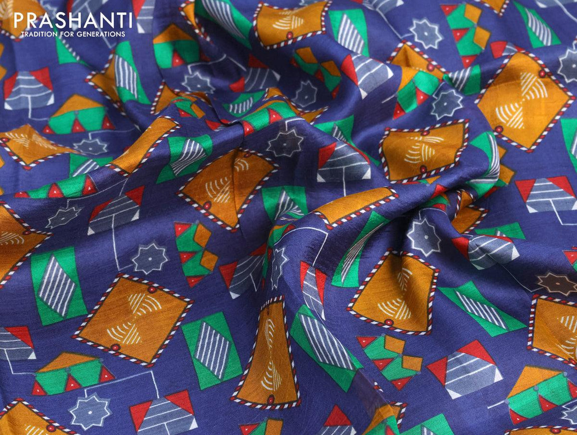 Murshidabad silk saree navy blue and red with allover geometric prints and printed border - {{ collection.title }} by Prashanti Sarees