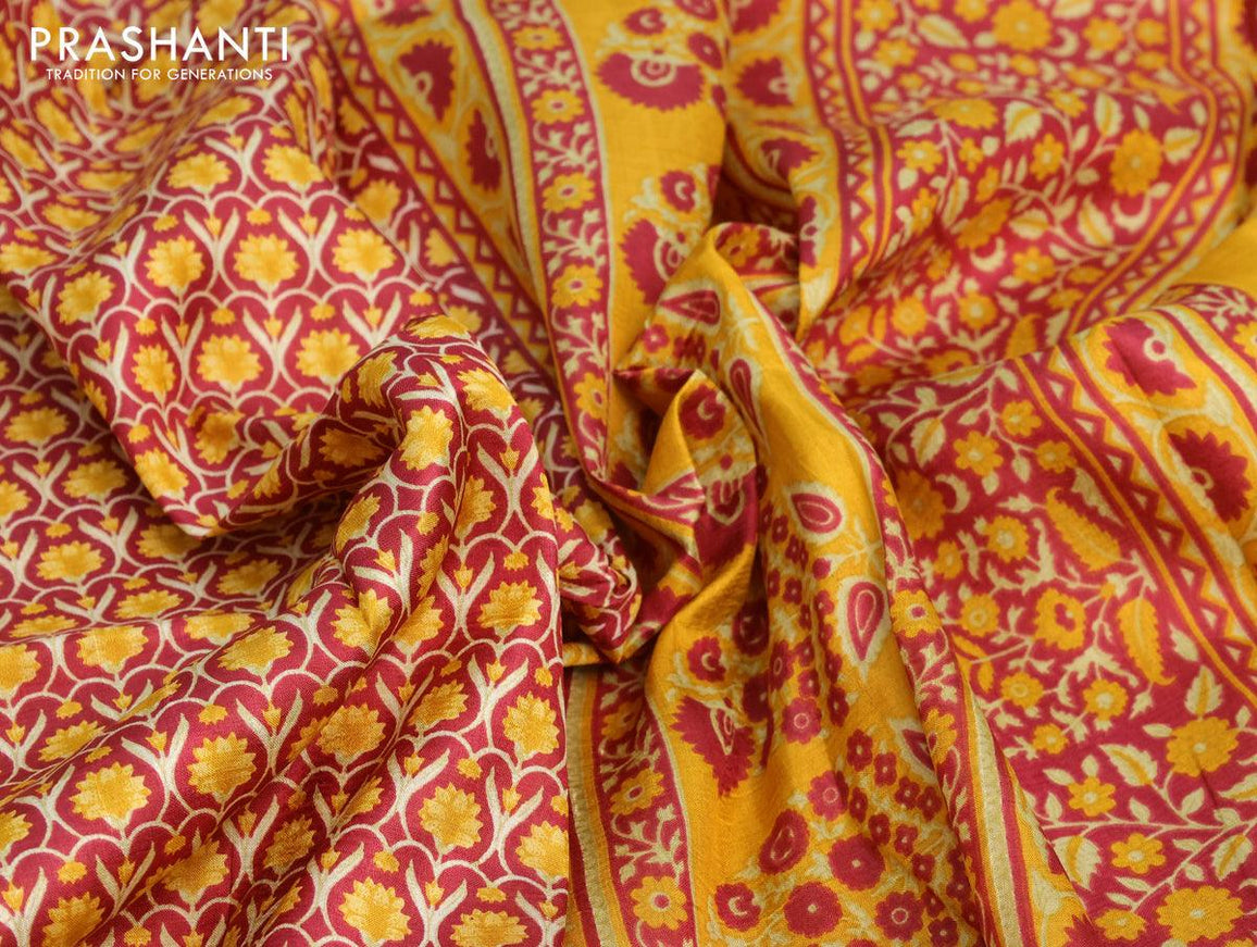 Murshidabad silk saree red and mustard yellow with allover floral prints and simple border - {{ collection.title }} by Prashanti Sarees