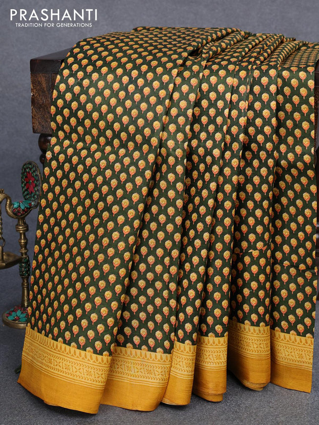 Murshidabad silk saree sap green and mustard yellow with allover prints and printed border - {{ collection.title }} by Prashanti Sarees