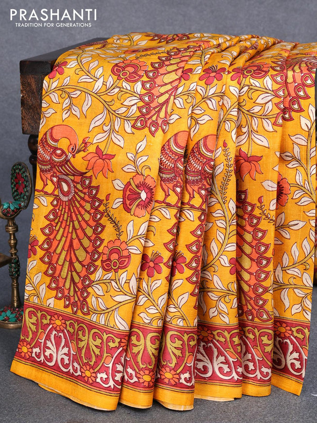 Murshidabad silk saree yellow and maroon with allover kalamkari prints and printed border - {{ collection.title }} by Prashanti Sarees