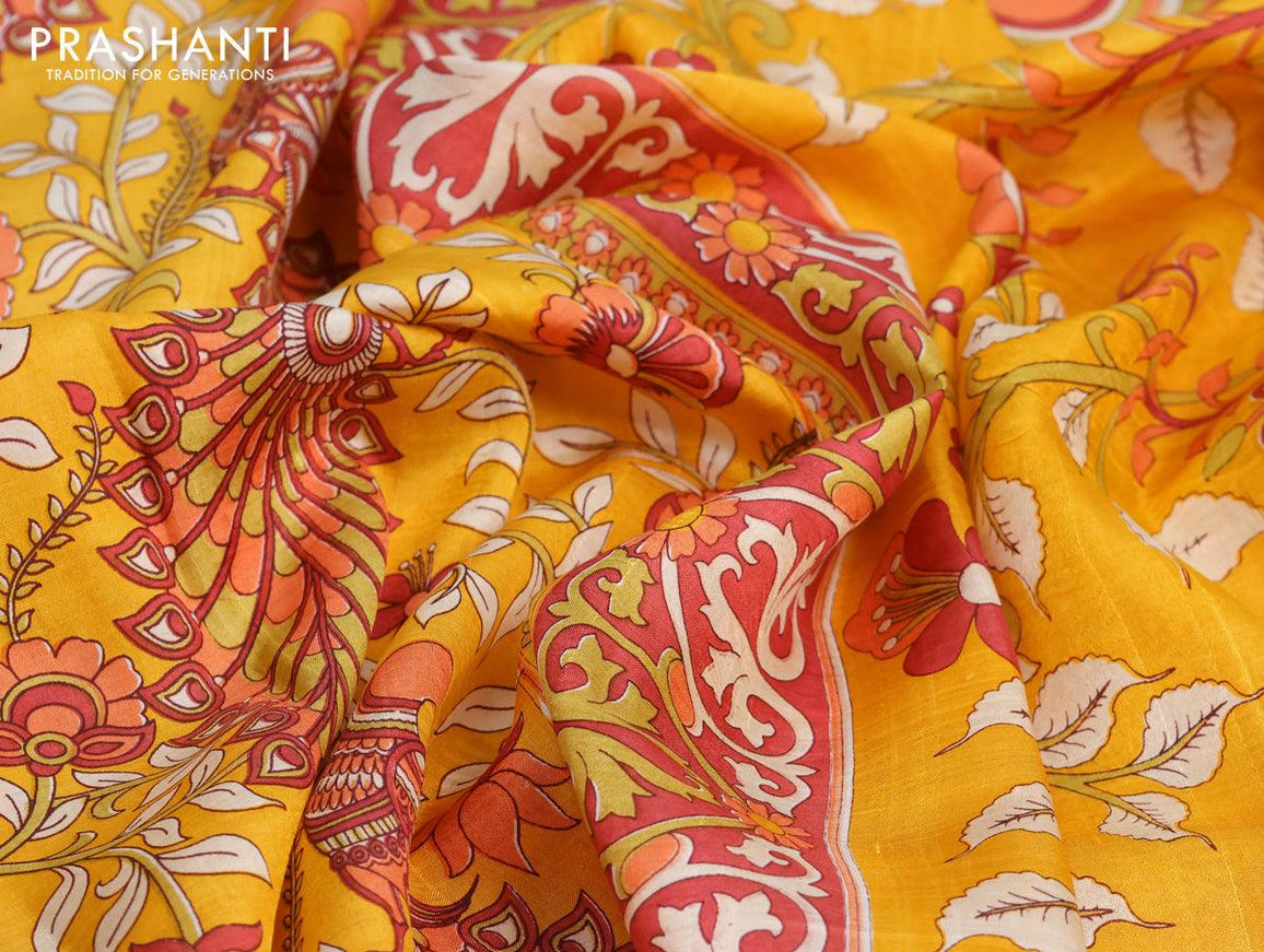 Murshidabad silk saree yellow and maroon with allover kalamkari prints and printed border - {{ collection.title }} by Prashanti Sarees