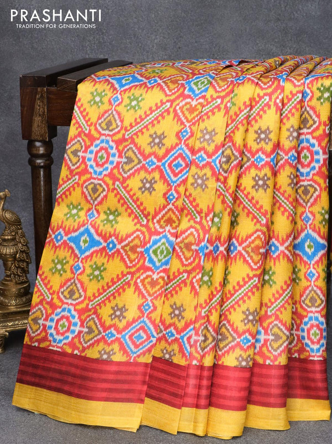 Murshidabad silk saree yellow and red with allover ikat prints and simple border - {{ collection.title }} by Prashanti Sarees