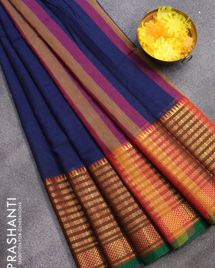 Narayanpet cotton saree blue and green with plain body and long rudhraksha design zari woven border - {{ collection.title }} by Prashanti Sarees