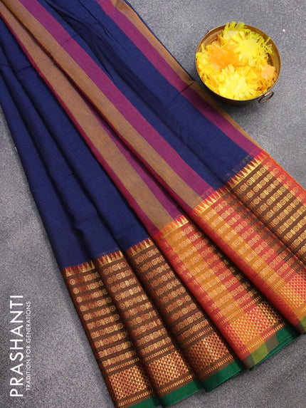 Narayanpet cotton saree blue and green with plain body and long rudhraksha design zari woven border - {{ collection.title }} by Prashanti Sarees