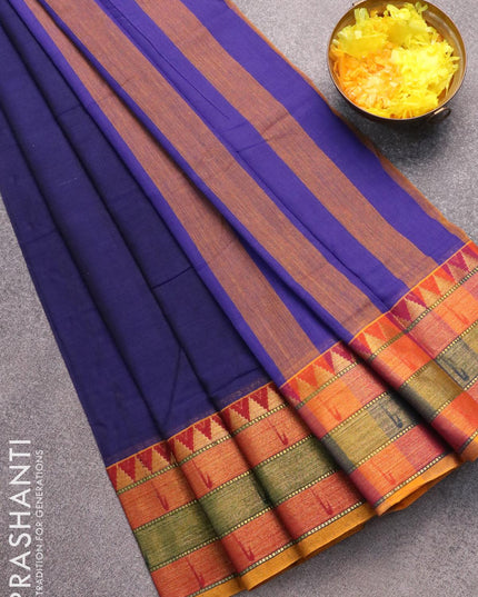 Narayanpet cotton saree blue and mustard yellow with plain body and zari woven border - {{ collection.title }} by Prashanti Sarees