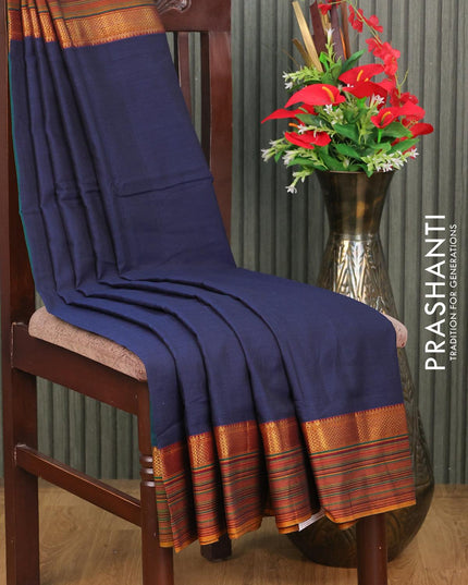 Narayanpet cotton saree blue and mustard yellow with plain body and zari woven simple border - {{ collection.title }} by Prashanti Sarees