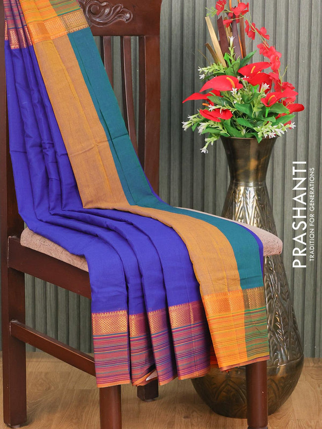 Narayanpet cotton saree blue and mustard yellow with plain body and zari woven simple border - {{ collection.title }} by Prashanti Sarees