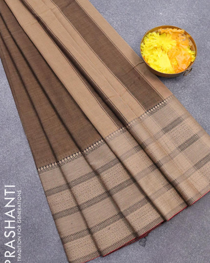 Narayanpet cotton saree brown shade with plain body and long thread woven border - {{ collection.title }} by Prashanti Sarees