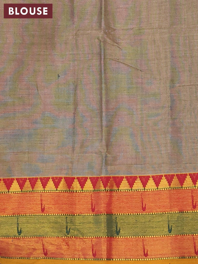 Narayanpet cotton saree chikku shade and mustard yellow with plain body and zari woven border - {{ collection.title }} by Prashanti Sarees