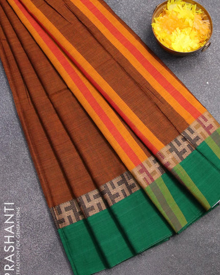 Narayanpet cotton saree dark mustard with plain body and ganga jamuna border - {{ collection.title }} by Prashanti Sarees