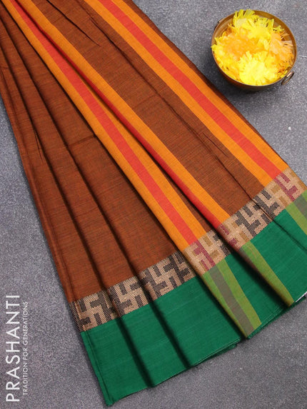 Narayanpet cotton saree dark mustard with plain body and ganga jamuna border - {{ collection.title }} by Prashanti Sarees