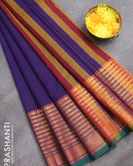 Narayanpet cotton saree deep violet and green with plain body and long rudhraksha design zari woven border - {{ collection.title }} by Prashanti Sarees