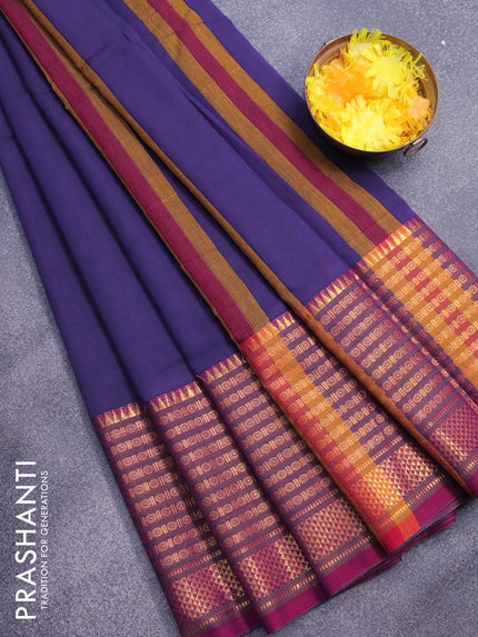 Narayanpet cotton saree deep violet and maroon with plain body and long rudhraksha design zari woven border - {{ collection.title }} by Prashanti Sarees
