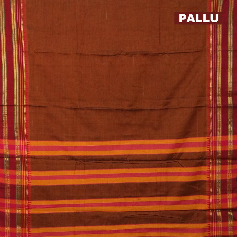 Narayanpet cotton saree drak mustard and maroon with plain body and zari woven border - {{ collection.title }} by Prashanti Sarees