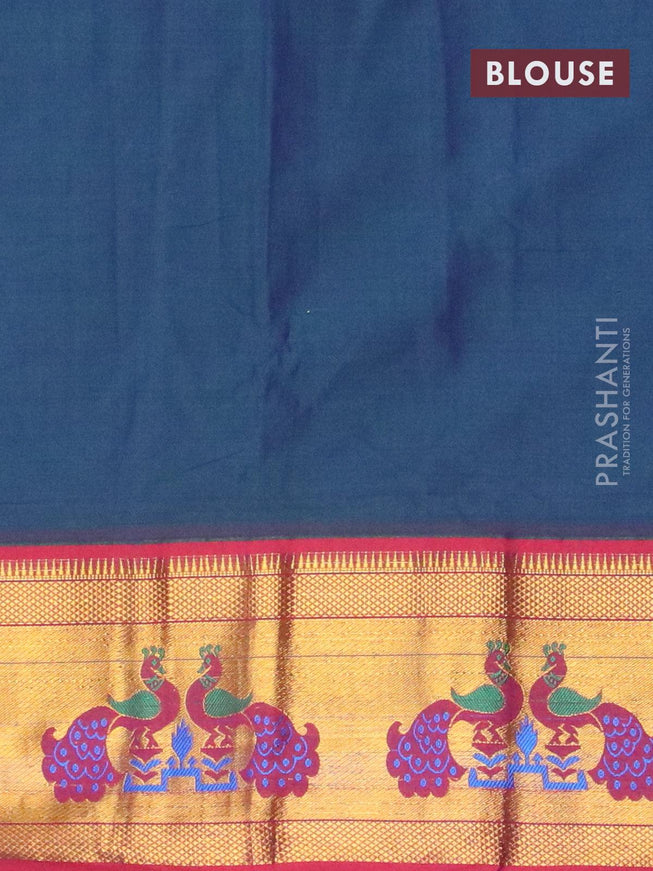 Narayanpet cotton saree dual shade of bluish green and maroon with plain body and peacock design zari woven border - {{ collection.title }} by Prashanti Sarees