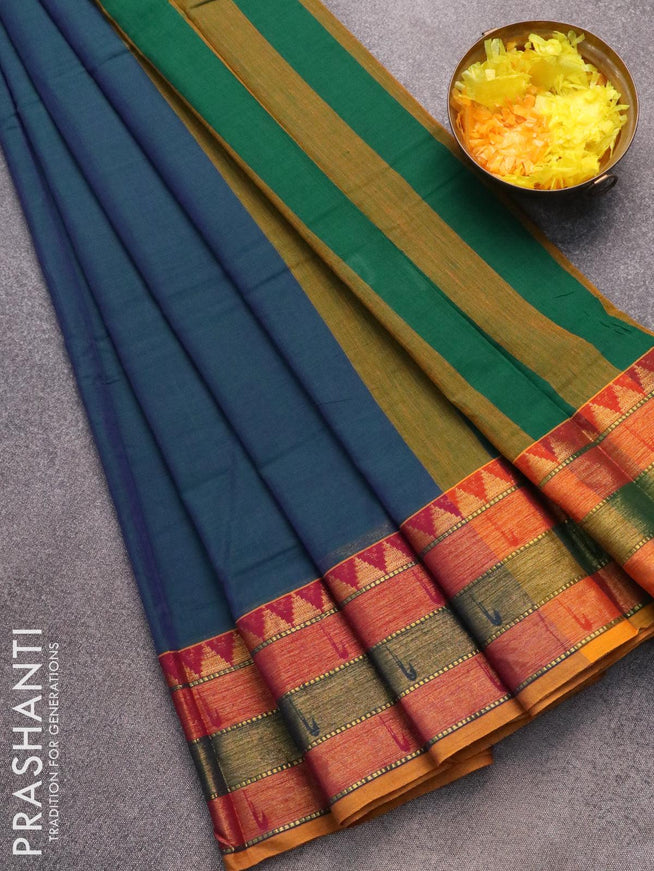 Narayanpet cotton saree dual shade of bluish green and mustard yellow with plain body and zari woven border - {{ collection.title }} by Prashanti Sarees