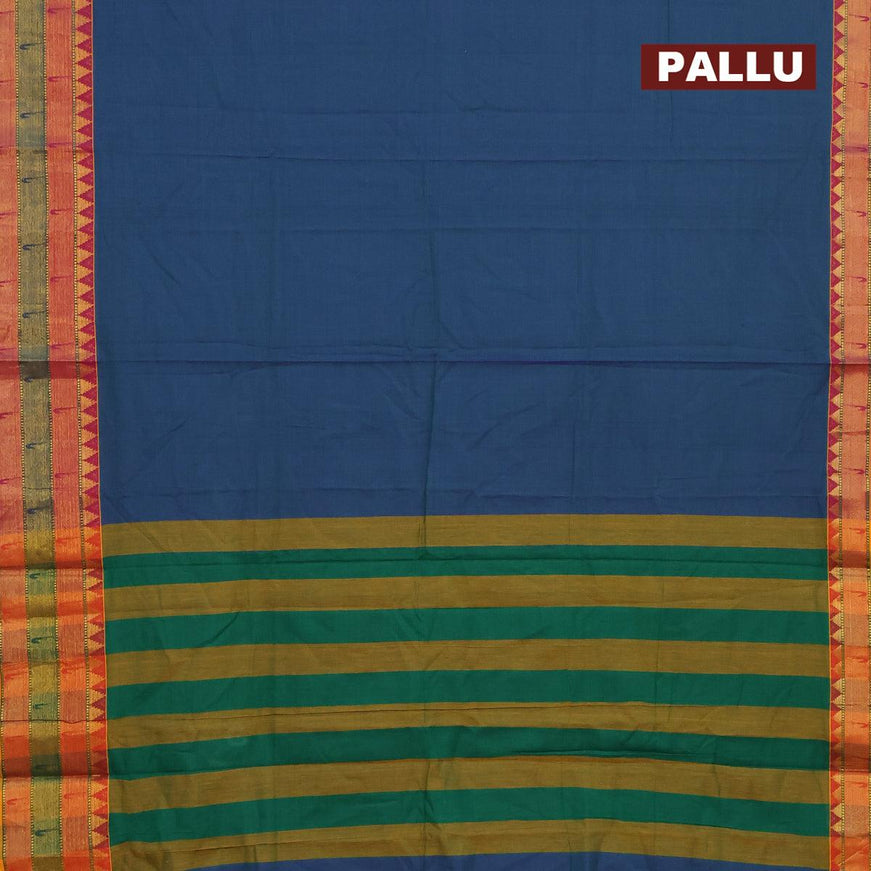 Narayanpet cotton saree dual shade of bluish green and mustard yellow with plain body and zari woven border - {{ collection.title }} by Prashanti Sarees