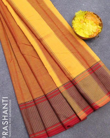 Narayanpet cotton saree dual shade of mustard and maroon with plain body and thread woven border - {{ collection.title }} by Prashanti Sarees