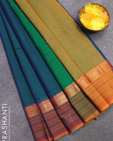 Narayanpet cotton saree dual shade of peacock green and mustard yellow with plain body and zari woven simple border - {{ collection.title }} by Prashanti Sarees