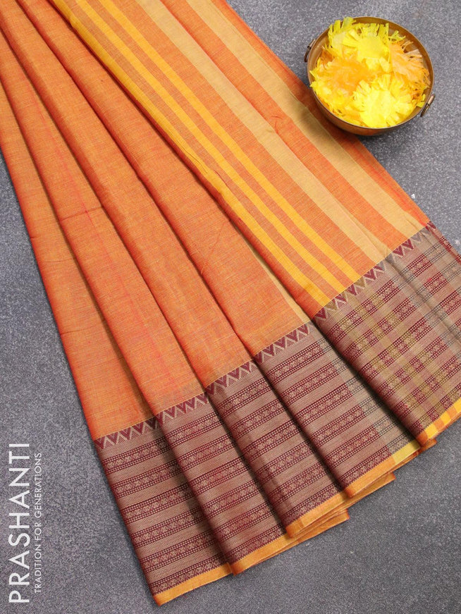 Narayanpet cotton saree dual shade of yellow and maroon with plain body and long thread woven border - {{ collection.title }} by Prashanti Sarees