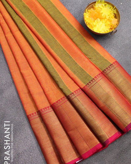 Narayanpet cotton saree dual shade of yellow and pink with plain body and long zari woven border - {{ collection.title }} by Prashanti Sarees