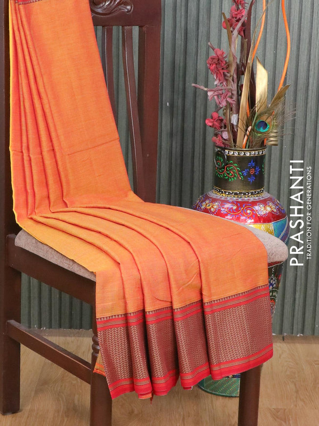 Narayanpet cotton saree dual shade of yellow and red with plain body and thread woven border - {{ collection.title }} by Prashanti Sarees