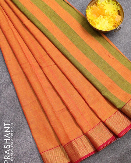 Narayanpet cotton saree dual shade of yellow and red with plain body and zari woven border - {{ collection.title }} by Prashanti Sarees