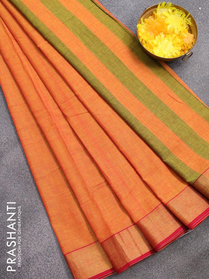 Narayanpet cotton saree dual shade of yellow and red with plain body and zari woven border - {{ collection.title }} by Prashanti Sarees
