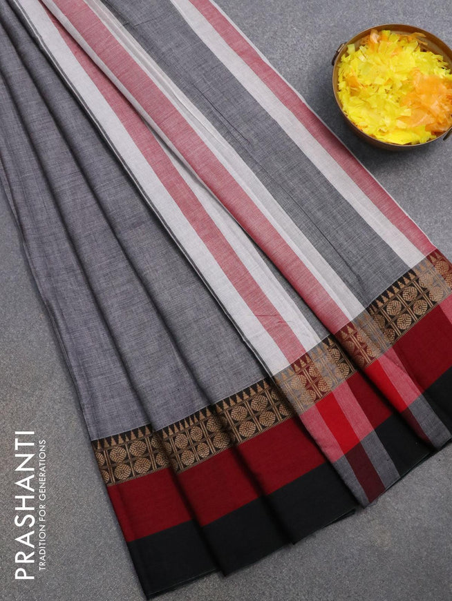 Narayanpet cotton saree grey and black with plain body and thread woven simple border - {{ collection.title }} by Prashanti Sarees