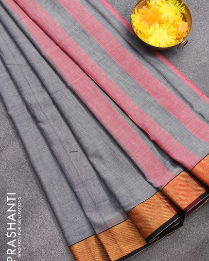 Narayanpet cotton saree grey and black with plain body and zari woven border - {{ collection.title }} by Prashanti Sarees