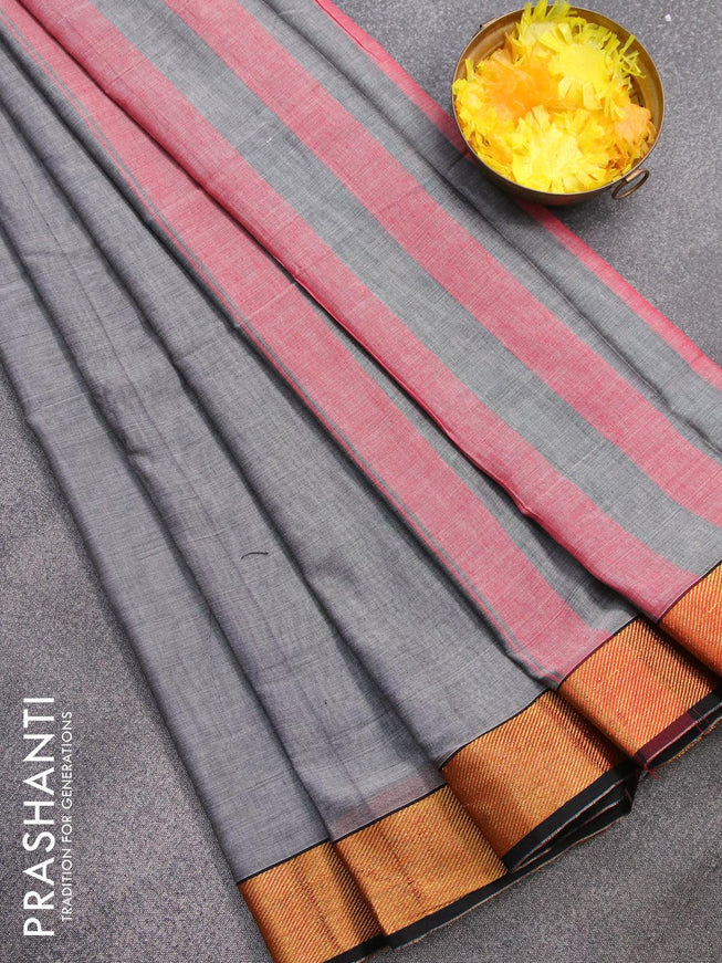 Narayanpet cotton saree grey and black with plain body and zari woven border - {{ collection.title }} by Prashanti Sarees