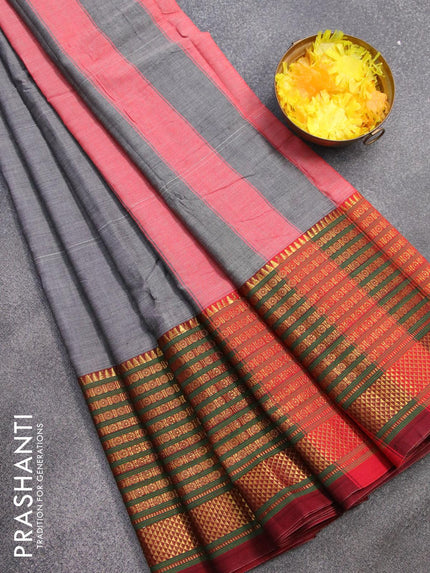 Narayanpet cotton saree grey and maroon with plain body and long rudhraksha design zari woven border - {{ collection.title }} by Prashanti Sarees