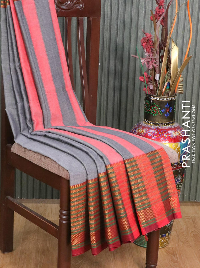 Narayanpet cotton saree grey and maroon with plain body and long rudhraksha design zari woven border - {{ collection.title }} by Prashanti Sarees