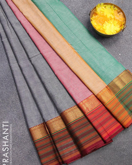Narayanpet cotton saree grey shade and maroon with plain body and zari woven simple border - {{ collection.title }} by Prashanti Sarees