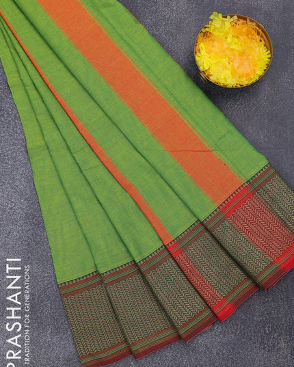 Narayanpet cotton saree light green and maroon with plain body and thread woven border - {{ collection.title }} by Prashanti Sarees