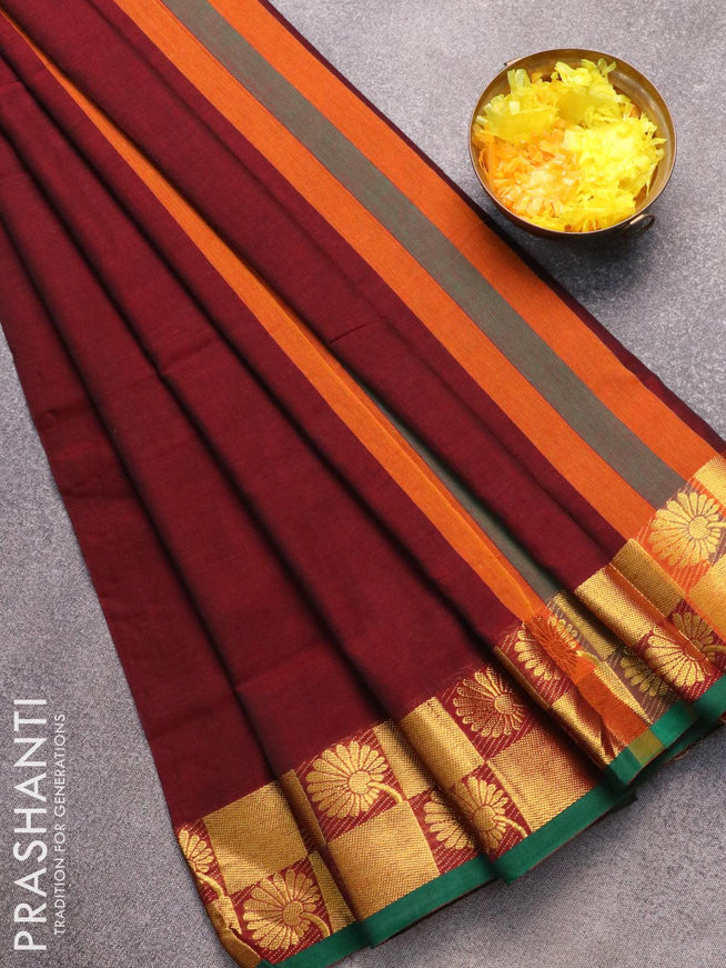 Narayanpet cotton saree maroon and green with plain body and floral design zari woven border - {{ collection.title }} by Prashanti Sarees
