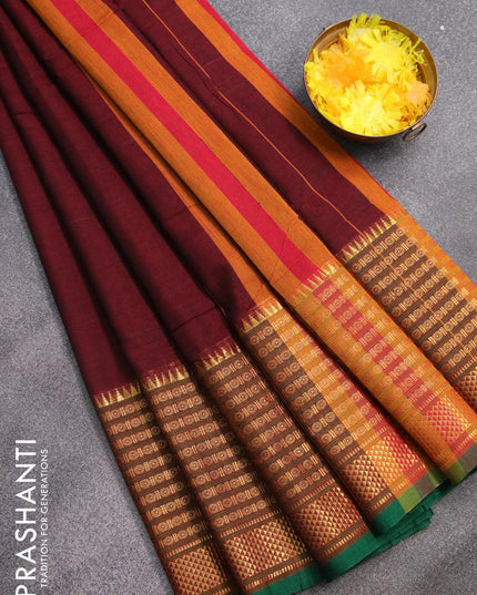 Narayanpet cotton saree maroon and green with plain body and long rudhraksha design zari woven border - {{ collection.title }} by Prashanti Sarees