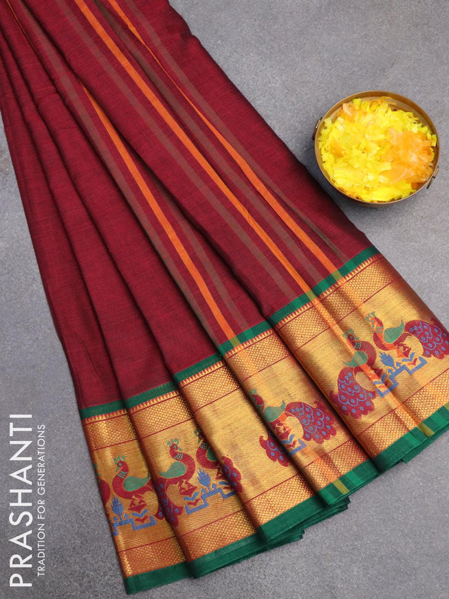 Narayanpet cotton saree maroon and green with plain body and peacock design zari woven border - {{ collection.title }} by Prashanti Sarees