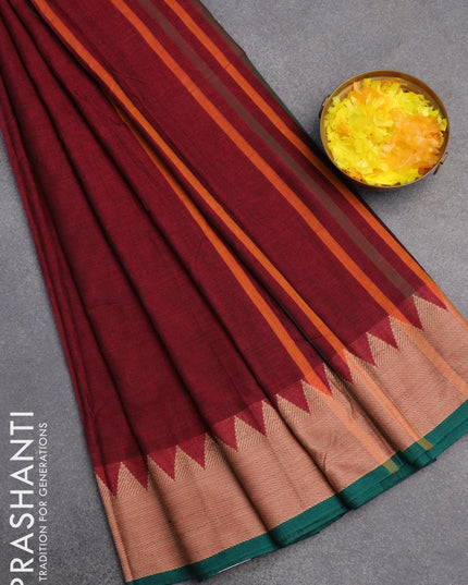 Narayanpet cotton saree maroon and green with plain body and temple design thread woven border - {{ collection.title }} by Prashanti Sarees
