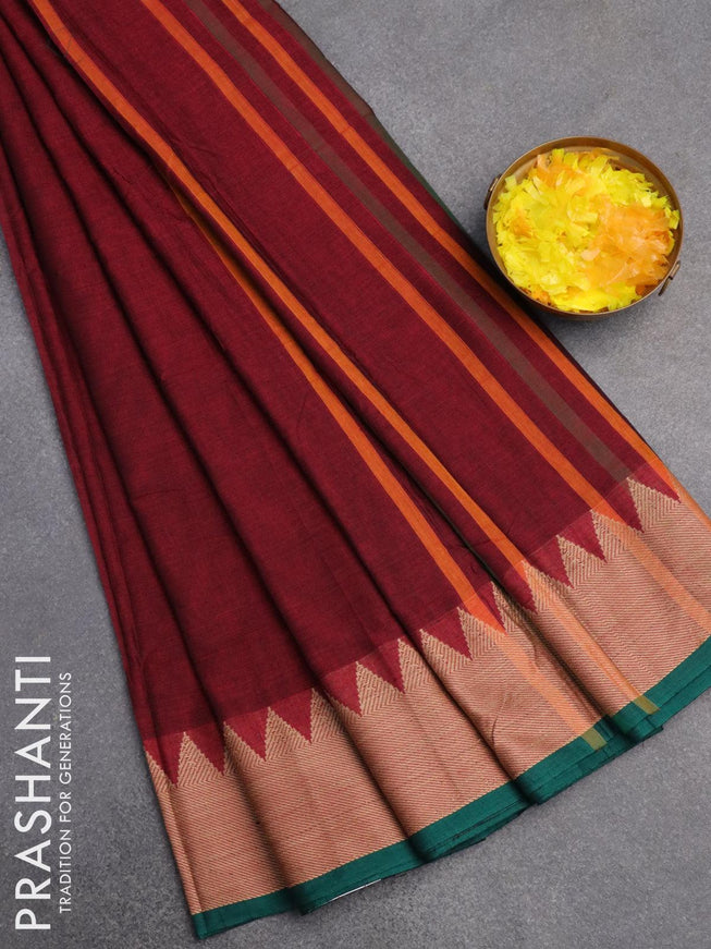 Narayanpet cotton saree maroon and green with plain body and temple design thread woven border - {{ collection.title }} by Prashanti Sarees